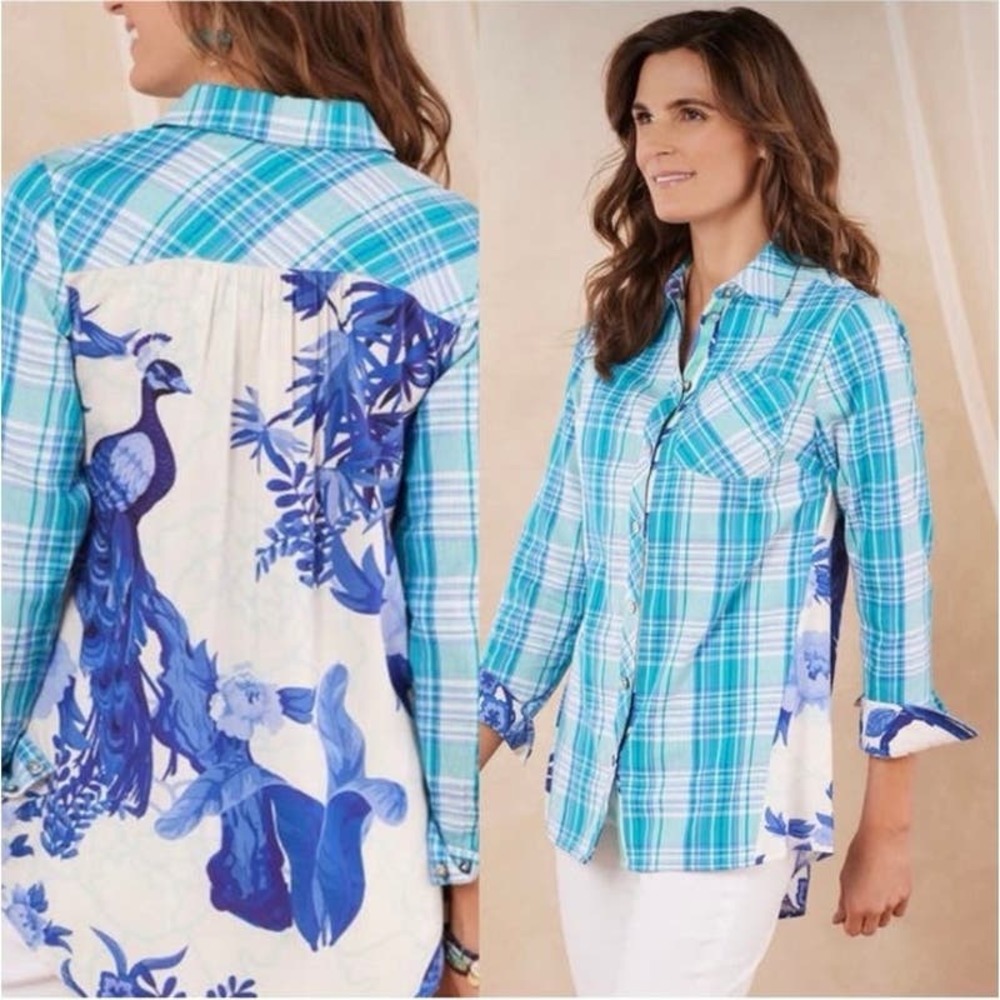 Soft Surroundings Aramie Women's Shirt Plaid Front Peacock Back Blues Size Small